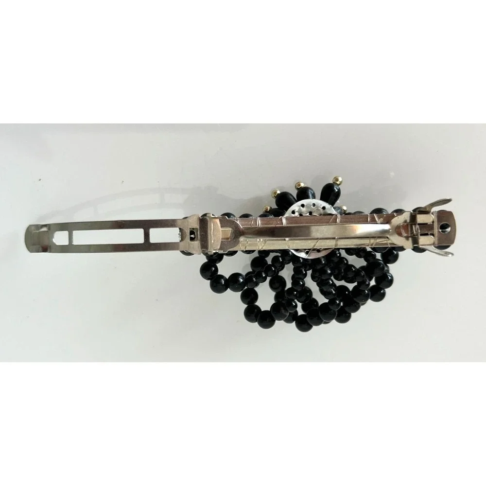 Vintage Black Beaded Bow Hair Barrette French Clip Mid Century Retro Black Pearl